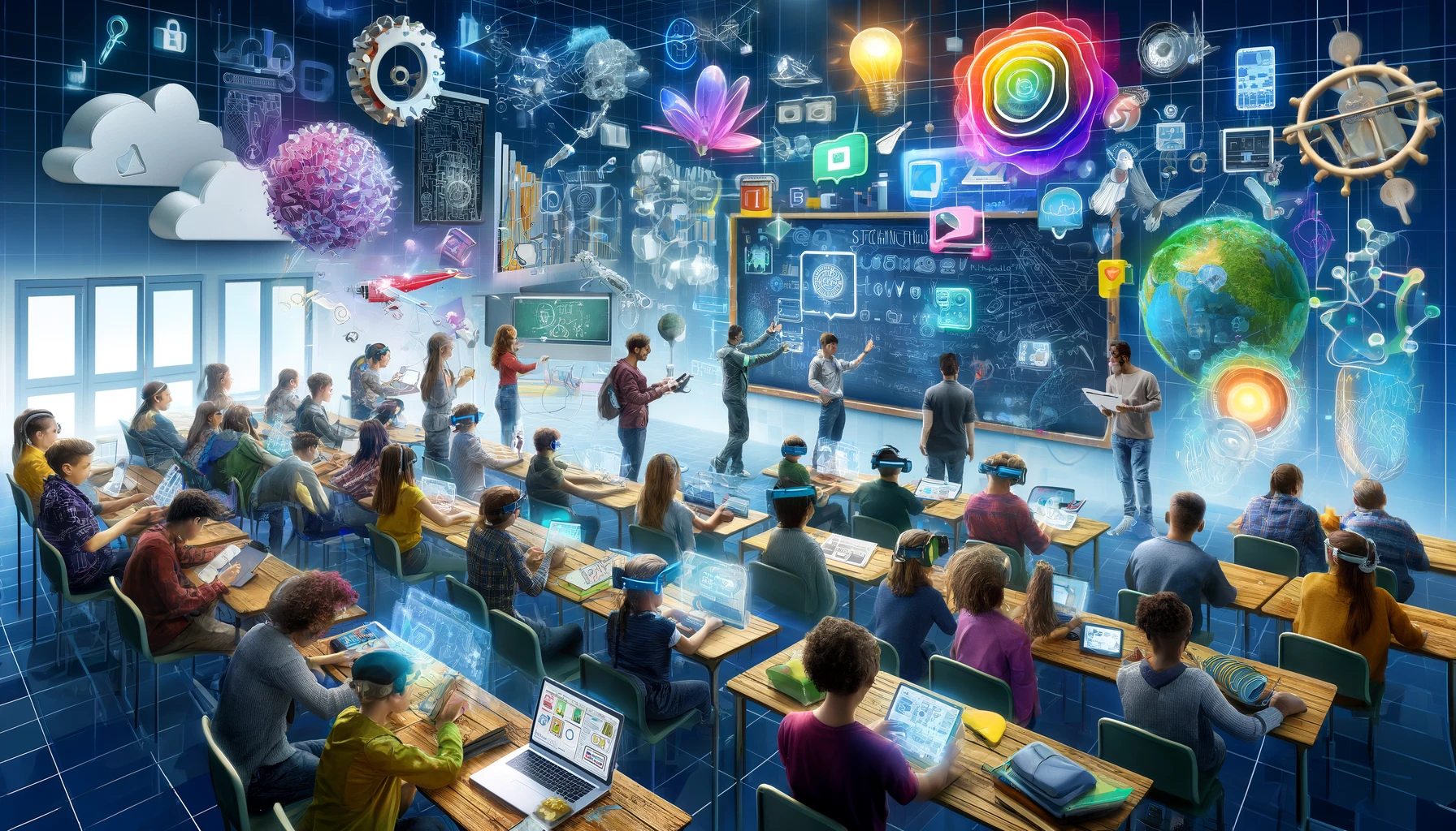 A-vibrant-and-dynamic-scene-representing-technology-in-educational-learning.-The-image-should-feature-a-diverse-group-of-students-and-teachers